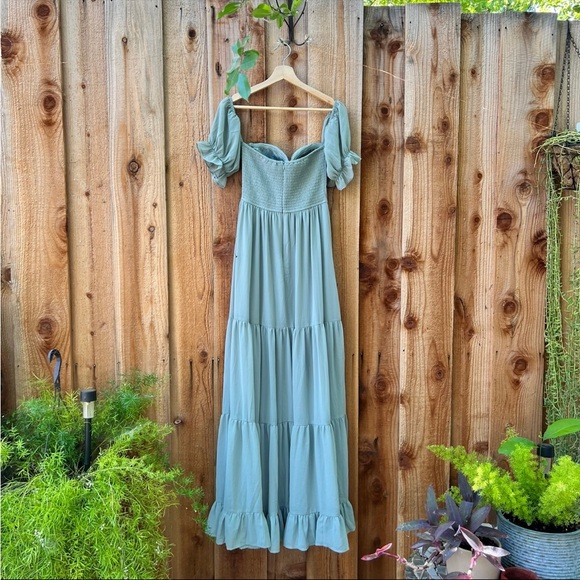 Sage Chiffon Bustier Off-the-Shoulder Ruffle Maxi Dress 🌿 - Picture 8 of 12